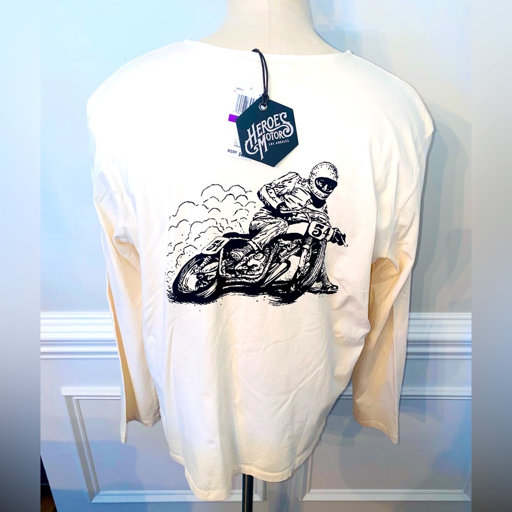 HEROES MOTORS INC OFF WHITE XXL MOTORCYCLE BIKER ART HENLEY LONG SLEEVES(97)